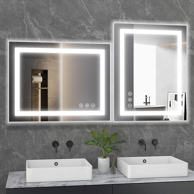 DUMOS 37"x 28" LED Bathroom Mirror with Lights, Dimmable Anti-Fog Front Lit Backlit Lighted Wall Mounted Rectangle for Vanity Makeup Memory Function Tempered Glass Shatter-Proof Horizontal&Vertically