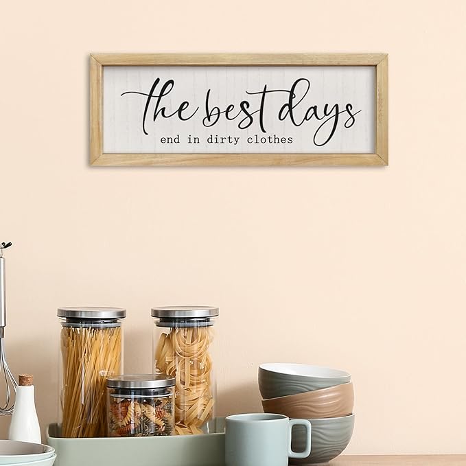 comurdyo Laundry Sign Wall Decor 16"×6" The Best Days End In Dirtiest Clothes Funny Laundry Room Bathroom Wood Framed Hanging Wall Art (Wood)