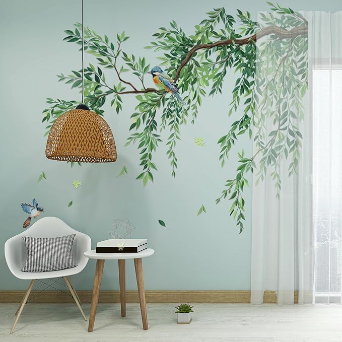 Large Green Tree Leaves Wall Stickers,3 Sheets Hanging Vine Tree Wall Decals Peel and Stick Waterproof Leaves Branch Wall Murals Decor for Living Room (Green Leaves, 11.8 * 35.4inch)