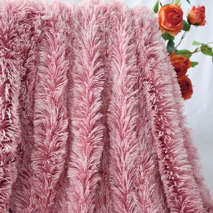 Plush Super Soft Blanket Bedding Sofa Cover Furry Fuzzy Fur Warm Throw Qulit Cozy Couch Blanket for Winter (63"x79",Light Burgundy and White)