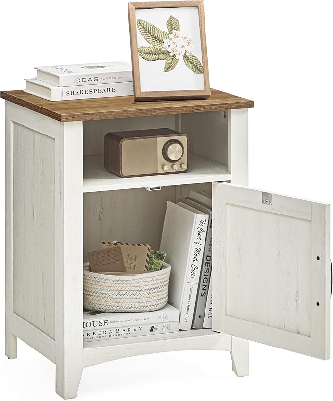 VASAGLE LIRY Collection - Farmhouse Nightstand with Barn Door, Bedside Table with Storage, Side End Table, Night Stand, Open Compartment, for Bedroom, Rustic White and Honey Brown ULET609K41