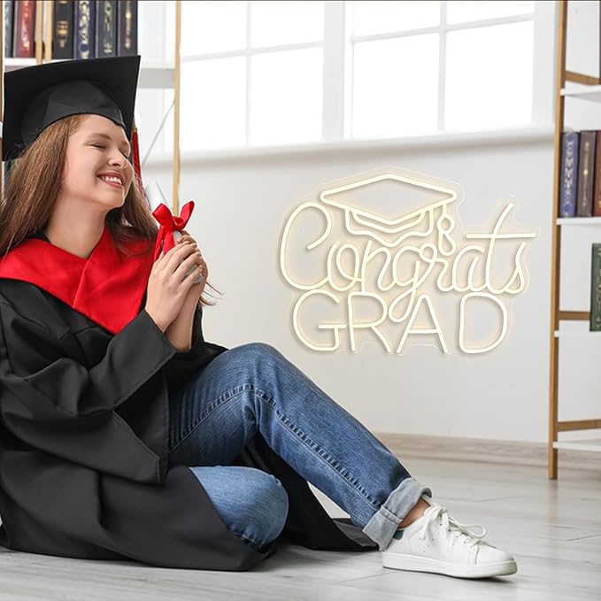 Congrats Grad LED Neon Sign, Graduation Party Decor, 16.5×12.6 Inch Warm White Grad Light Up Letters, Adjustable Congrats Graduation Sign, Dorm Room Backdrop, Celebration Gift for Class