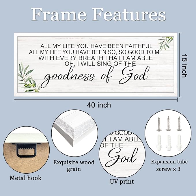 Goodness of God Christian Wall Decor: 40x15 Inch Large Framed Christian Inspirational Wall Art, Religious Scripture Quote Wooden Sign, Christian Home Decor for Living Room Bedroom, White