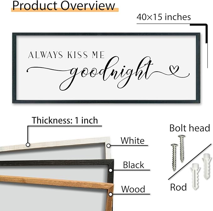 SRSZHIYUE Romantic Always Kiss Me Goodnight Sign Wall Decor 40"×15" for Love Theme Master Bedroom Above Bed Simple Modern Farmhouse Large Wood Framed Wall Horizontal Art Hanging (Black)