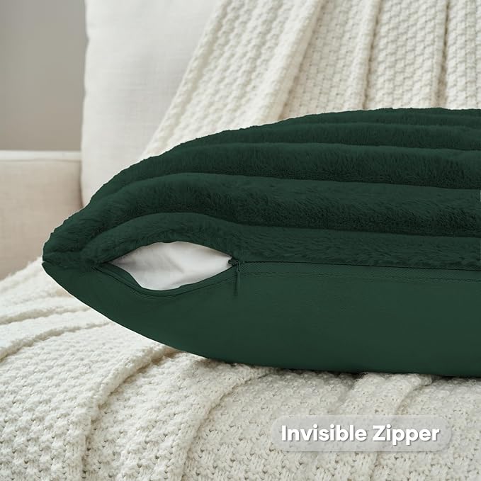 FUTEI Dark Green Decorative Throw Pillow Covers Set of 2, 18x18 Inch Soft Fluffy Faux Fur Plush Striped Cushion Cases, Modern Home Decor for Couch Bed Living Room