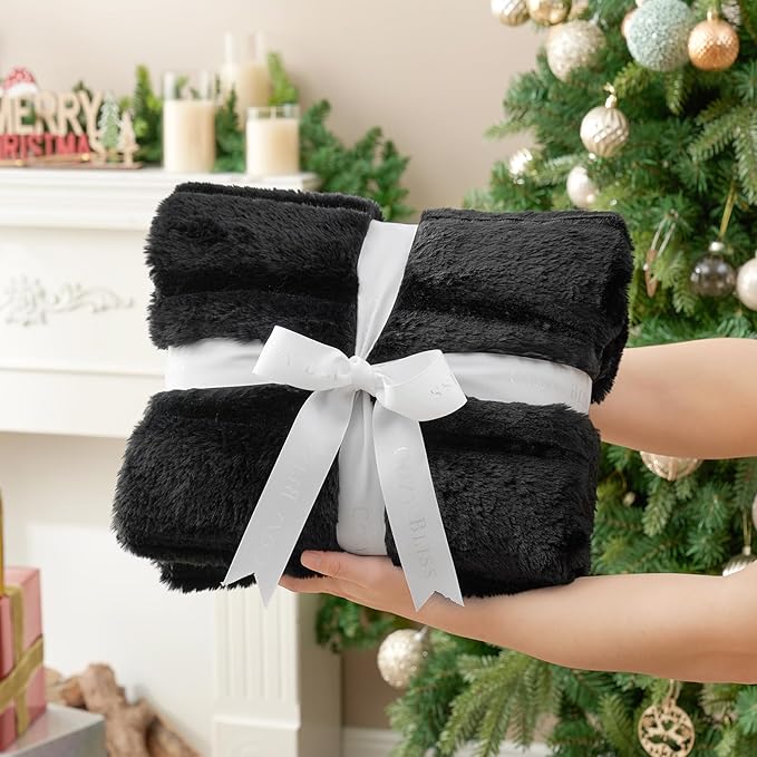 Cozy Bliss Deluxe Sheared Rabbit Faux Fur Throw Blanket, Soft Fuzzy High-Low Sculpted Plush Blanket for Couch, Cozy Home Accent, All Season Use, Black 60"x80"