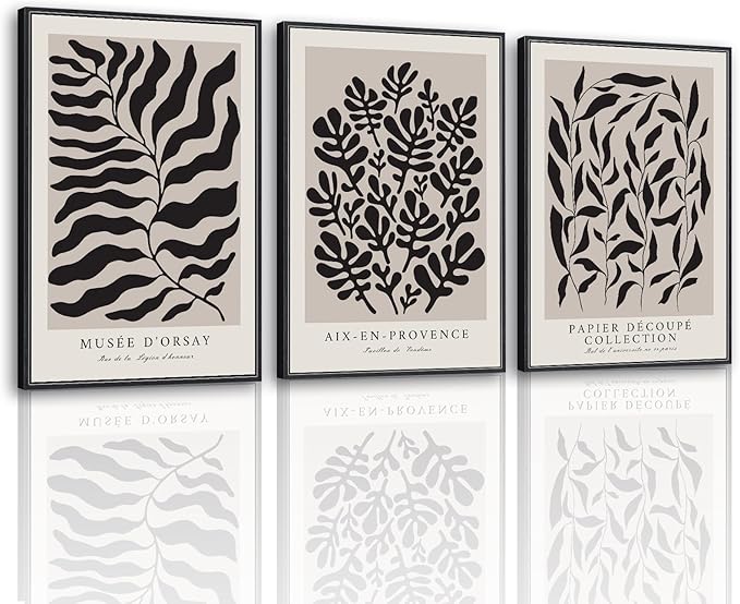 VIYYIEA Large Framed Canvas Wall Art, 3 Pcs, Living Room Modern Abstract Decor, Matisse Wall Art Bedroom Above Bed Decor, Minimalist Botanical Neutral Decorations, 16x24inch, Set of 3
