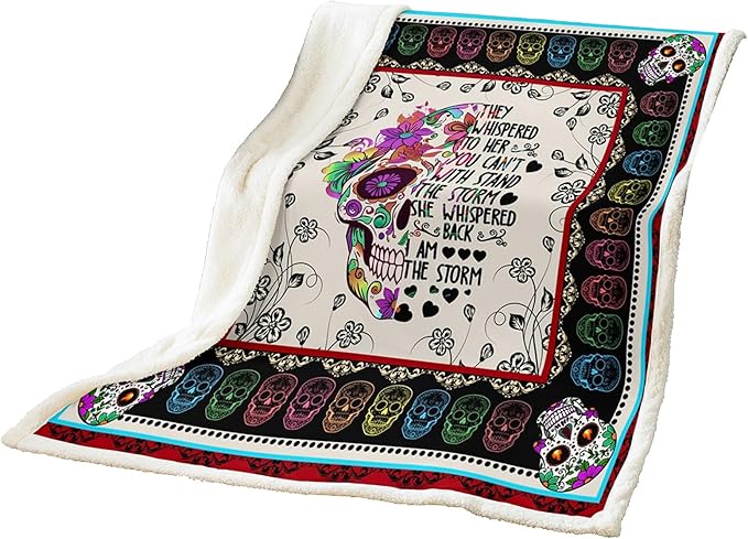 Bohemian Plush Blanket Throw, Flowers Sugar Skull Fleece Bed Blanket, Gothic Floral Skeleton Sherpa Blanket, With Inspirational Quote Fuzzy Blanket Queen 90"X90" Girls Bedroom Sofa Home Decor