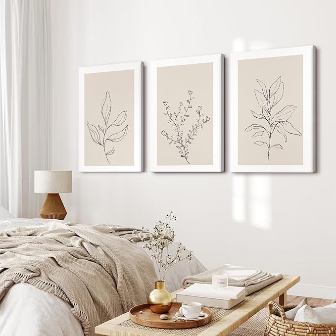 Botanical Wall Art Decor Neutral Wall Decor Boho Beige Canvas Wall Art Botanical Minimalist Pictures Neutral Prints Beige Posters Boho Artwork for Room Bedroom 16x24x3 Inch Framed