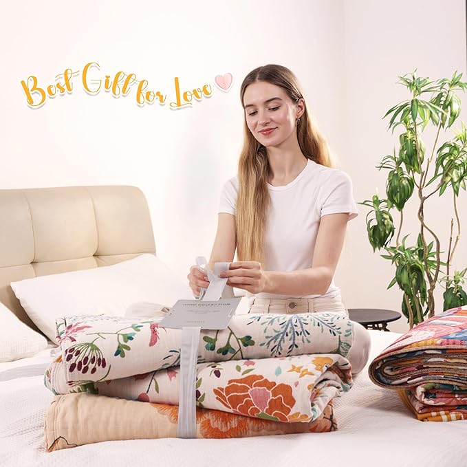 Boho Large Throw Blanket for Bed Couch, 100% Organic Cotton Soft Queen Throw-Floral Butterfly Decor Fall Blanket for Sofa Quilt and Gift, 80" x 90"-Beige