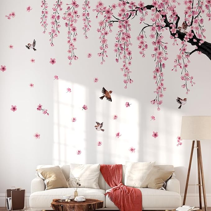 Lilac Wall Decoration Large Cherry Blossom Tree Wall Stickers, 4 Sheets Spring Pink Flower Bird Wall Decals Peel and Stick Wall Murals Decor for Living Room Bedroom (Pink, 11.8 * 35.4inch)