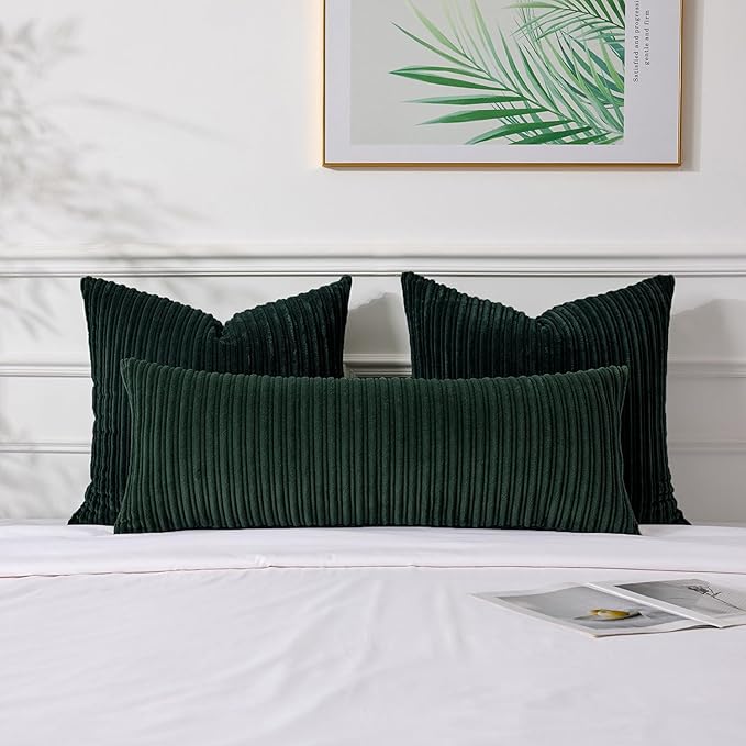 UGASA 14x36 Inch Christmas Pillow Cover Pack of 1 Soft Boho Stripe Corduroy Large Long Rectangle Lumbar Cushion Case Decorative Pilowcase for Bed, Couch, Sofa, Bedroom, Living Room, Dark Green