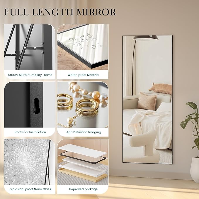 NEWBULIG Full Length Mirror 64.2"x 21" for Bedroom, Full Body Mirror with Stand, Hanging or Leaning for Wall, Aluminum Alloy Thin Frame Floor Standing for Living Room, Long, Black