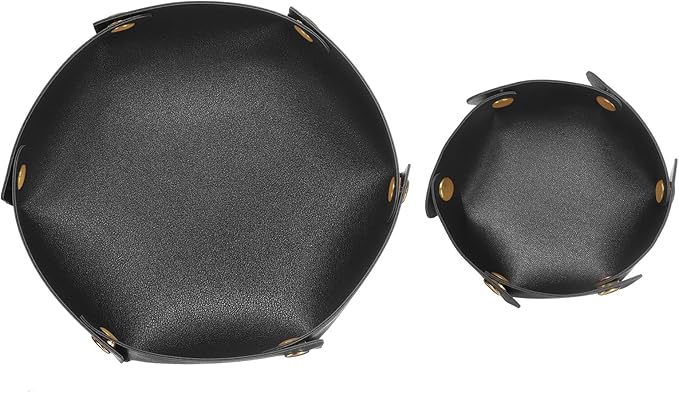 HARFINGTON 2pcs PU Leather Valet Tray Unisex Valet Tray Folding Round Catchall Tray Portable Entryway Table Tray Nightstand Bedside Desk Tray for Key Watch Coin Jewelry Dice, Black