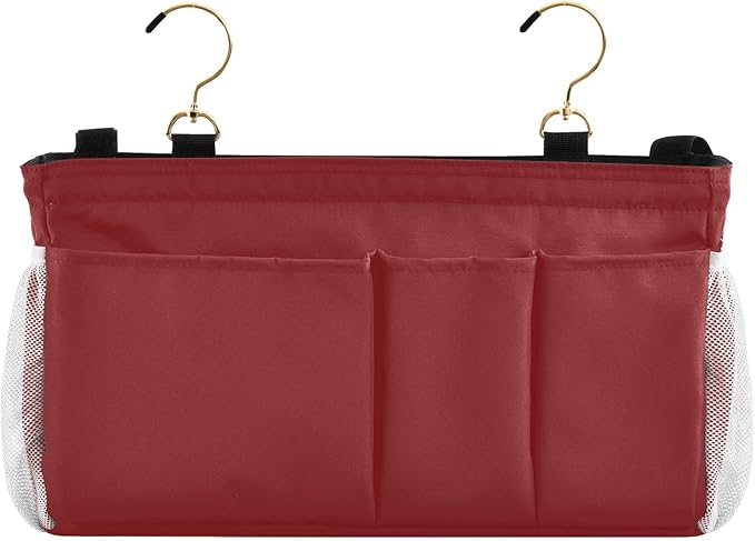 DOMIKING Wine Red Bedside Caddy for Dorm Bed Recliner Armrest Organizer with Hooks Haning Holders for Bunk Bed Headboards Rails