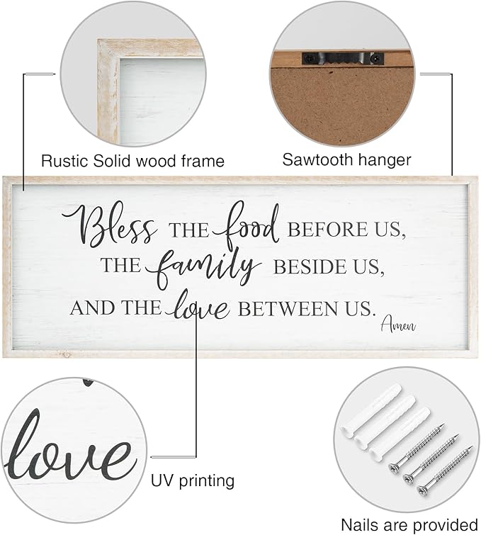 Bless The Food Before Us Home Decor Wall Sign For Family Kitchen Farmhouse Dining Room Vintage Rustic Retro Boho Wood House Wall Art Decoration For Living Room Bedroom 40 x 15 Inch white