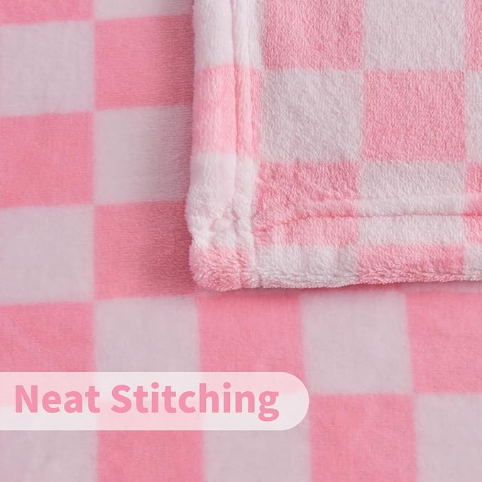 FY FIBER HOUSE Checkered Flannel Fleece Throw Blanket King Size Soft Cozy Checkerboard Grid Print Chessboard Pattern Blankets for Bed Couch Sofa, 90"x108", Light Pink
