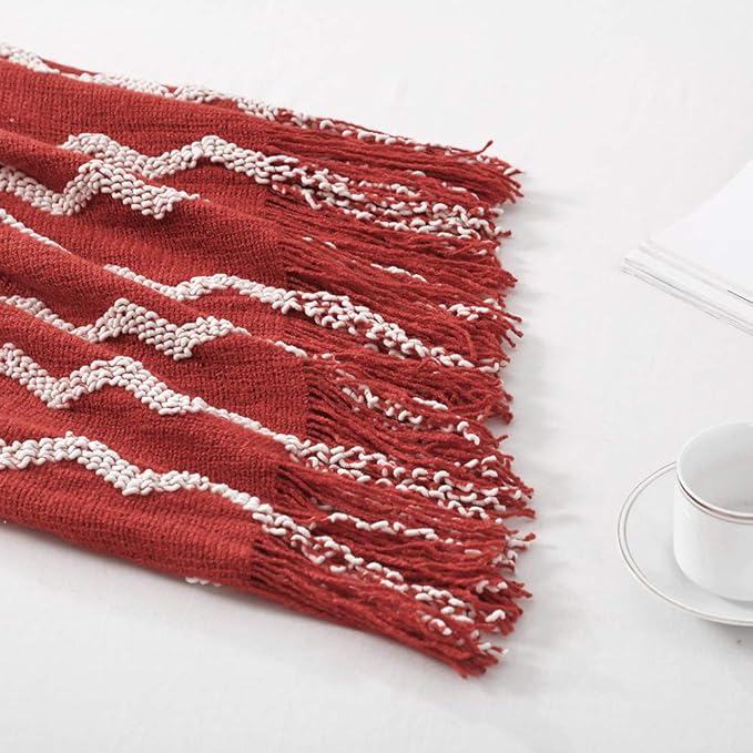 BOURINA Fluffy Chenille Knitted Fringe Throw Blanket Lightweight Soft Cozy for Bed Sofa Chair Throw Blankets, Rust 50" x 60"