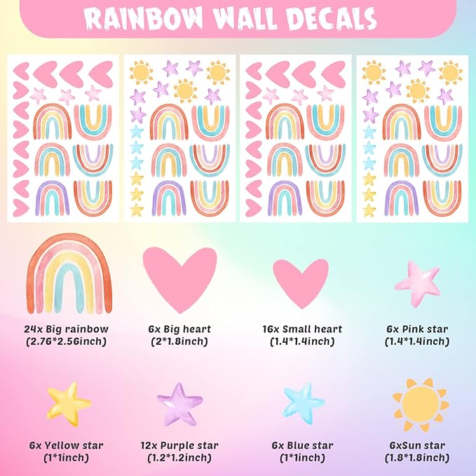 Epakh Rainbow Wall Decor Stickers Small Rainbow Decal Watercolor Heart Star Sun Wall Stickers Decor for Girls Boys Baby Bedroom Nursery(Classic Color)