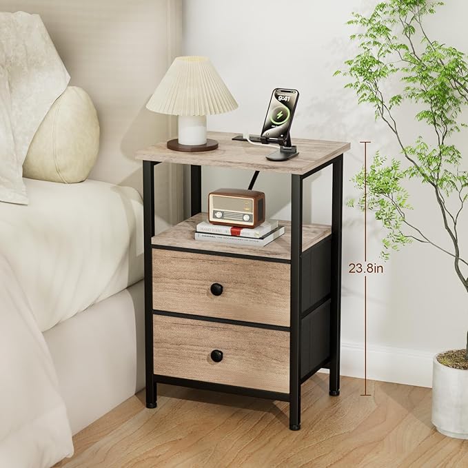 Night Stand with Charging Station, Small Bedside Table with 2 Fabric Drawers, Nightstand with USB Ports & Outlets for Bedroom, Living Room, Grey, HETS020GY-1