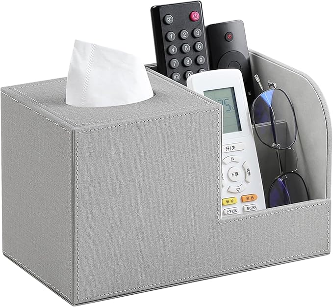 PU Leather Tissue Box Cover with Remote Control Holder, Square Tissue Box Holder for Living Room Bathroom Office (Grey)