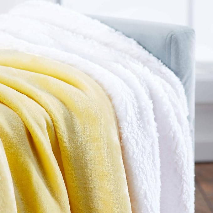 Genteele Sherpa Throw Blanket Super Soft Reversible Ultra Luxurious Plush Blanket, 50 x 60 inches, Yellow/White