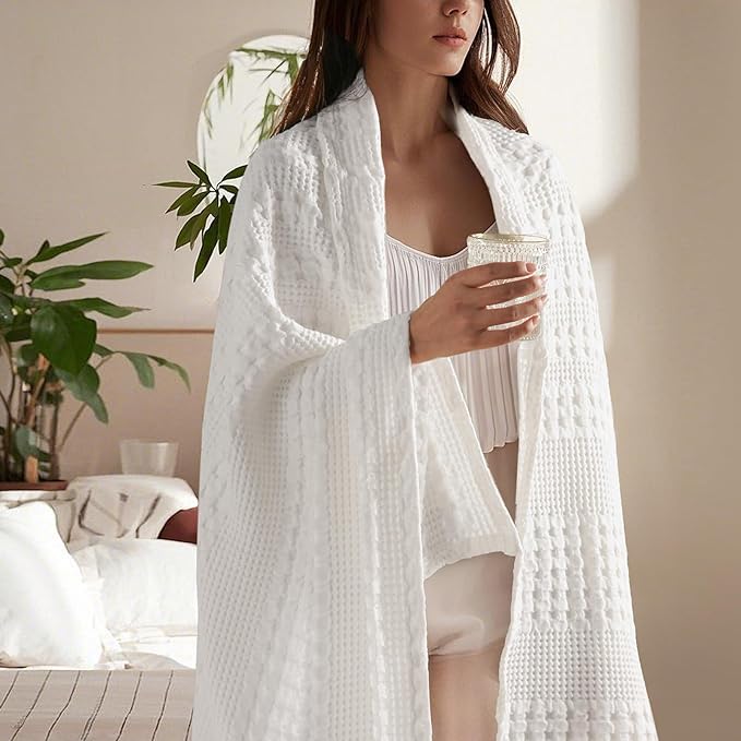 PHF 100% Cotton Waffle Weave Throw Blanket, Soft Lightweight Breathable Cozy Throws for Couch Bed Sofa, Luxury Aesthetic Blanket Gift for Home Decor & Office, 50"x60", White