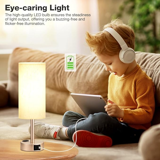 Fenmzee Bedside Table Lamp for Bedroom - 3 Way Dimmable Touch Lamp USB C Charging Ports and AC Outlet, Small Lamp Gold Base Round Flaxen Fabric Shade for Living Room, Desk, LED Bulb Included