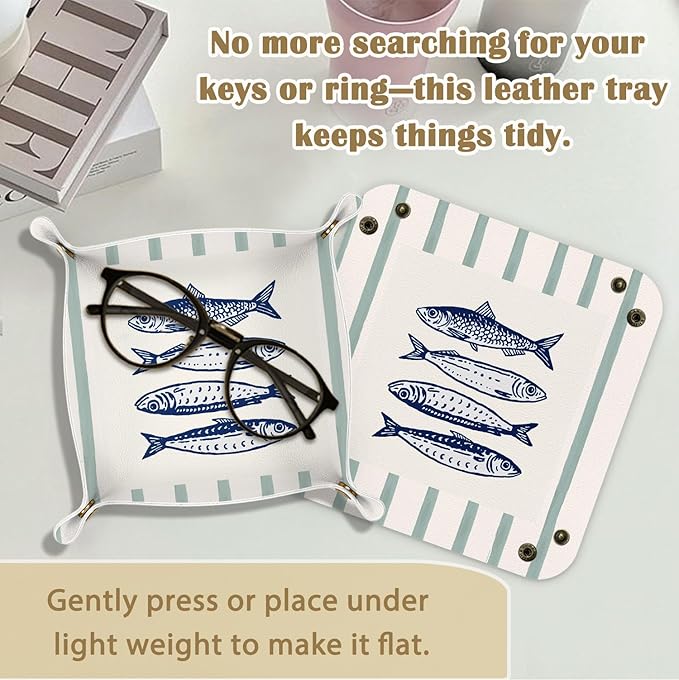 Coastal Beach Sardine Fish Jewelry Valet Tray for Women, Fish Gifts PU Leather Catchall Beside Caddy Nightstand Organizer Tray for Jewelry Rings Watches Keys and Accessories, 7.87x7.87in