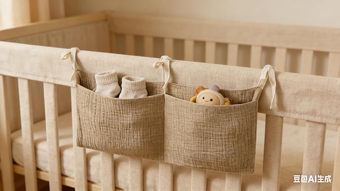 Bedside pouch for storing baby bottles and blankets - Bedside storage bag for organizing baby diapers - Brown