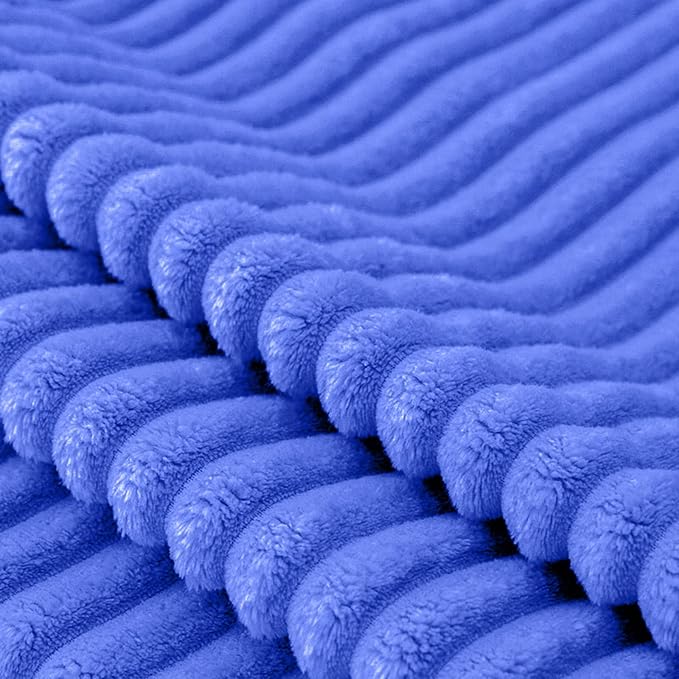 Vessia Flannel Fleece Throw Blanket for Couch,Sofa,Bed, 300GSM Striped Blue Blanket for Adults and Kids, Super Soft Warm Cozy Lightweight Ribbed Throw for All-Season