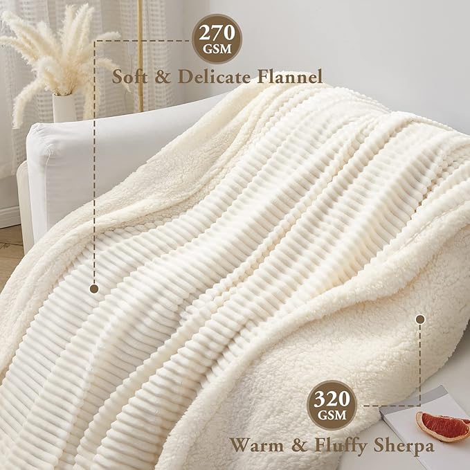 LBRO2M Striped Sherpa Fleece Bed Blanket King Size, Super Soft Fuzzy Plush Warm Cozy Fluffy Microfiber Couch Throw Velvet Double Reversible Luxurious Blankets (90x104),Ivory