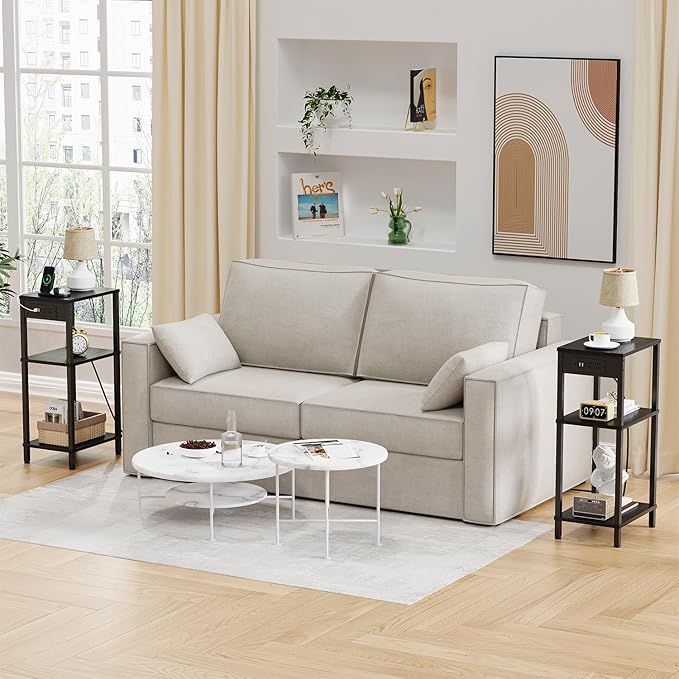 Tall End Table with Charging Station, 3 Tier Black Side Table with Storage, Small Nightstand with Outlets for Bedroom, Living Room, Office