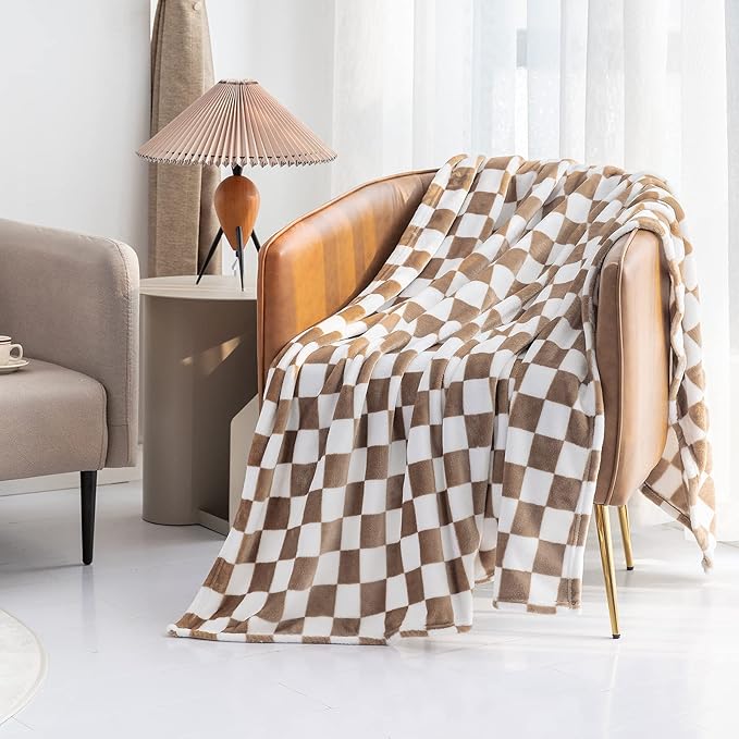 LOMAO Throw Blankets Flannel Blanket with Checkerboard Grid Pattern Soft Throw Blanket for Couch, Bed, Sofa Luxurious Warm and Cozy for All Seasons (Khaki, 40"x60")