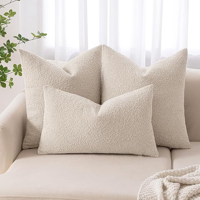 MIULEE Textured Boucle Throw Pillow Cover Beige Accent Solid Lumbar Pillow Case Decorative Soft Pack of 1 Couch Cushion Chair Sofa Bedroom Livingroom Home Decor,22x14 Inch