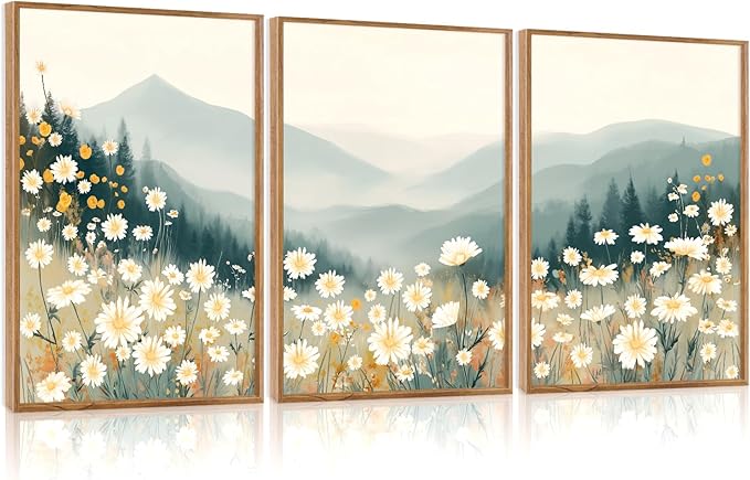 CHDITB Daisy Wall Art, Abstract Misty Mountain Wall Decor, Mountainside Daisies Wall Painting, Farmhouse Flowers artwork Nature Floral Landscape Art Prints for Living Room Bedroom Decor 12"X16"x3
