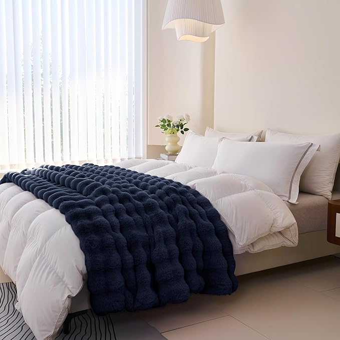 Comelady Faux Rabbit Fur Throw Blanket for Couch,Soft Fluffy Thick Bubble Blanket for Bed Sofa Room Decor-Lightweight Cozy Fuzzy Blanket Gifts for Women Men,Navy Blue,50"×60"