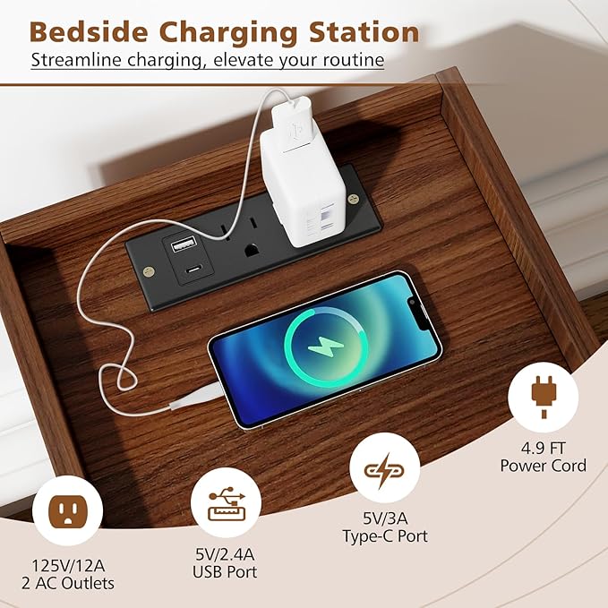KOMFOTT Nightstand with Charging Station, End Table with 2 Storage Drawers, Sofa Beside Table with AC Outlets, USB and Type-C Ports, Modern Narrow Nightstand for Bedroom Small Space (Walnut,1)