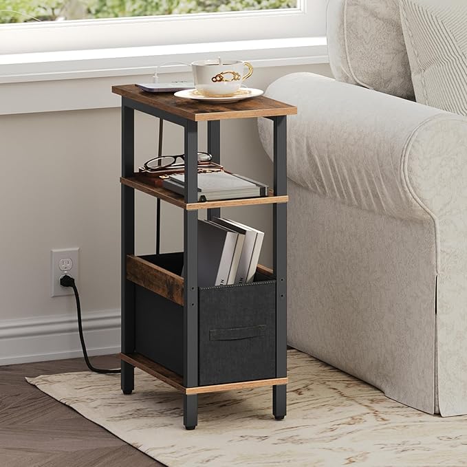 Narrow Side Table with Charging Station, Slim End Table with Fabric Storage, Skinny Nightstand for Small Spaces, Thin Bedside Table for Living Room, Bedroom, Rustic Brown ETHR125E01