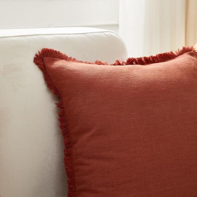 Sunday Praise Set of 2 Linen Fringe Fall Decorative Pillow Covers 18x18 Inch Farmhouse Accent Boho Throw Pillow Cases with Tassels Cozy Soft Cushion Covers for Couch Sofa Bed Home Decor,Rust Orange
