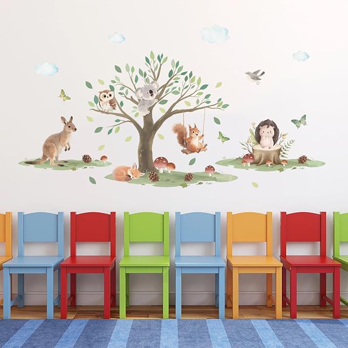 HLNIUC Jungle Animals Tree Double Sided Wall Decal(35”x24”)Safari Kangaroo Owl Squirrel Wall Sticker,Forest Koala Fox Bird Window Cling,Cartoon Woodland Hedgehog Room Stickers for Kids Bedroom,Nursery