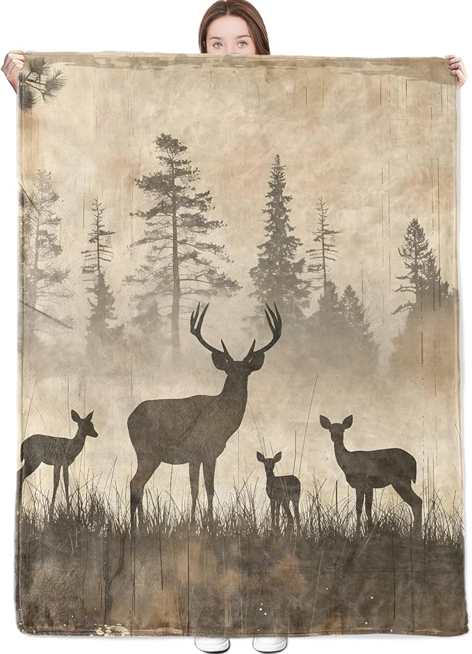Vintage Deer Blanket Nature Wildlife Art with Rustic Forest Silhouette Throw Blankets Lightweight Flannel Throws for Camping Couch Chair Bed Home Decor Gifts for Animal Lover,80x60inch