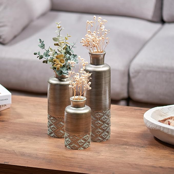 Creative Scents Dublin Silver Vases - Set of 3 Vases for Flowers, Decorative Vases, Farmhouse Decor, Premium Décor, Centerpiece Table Decorations for Your Kitchen, Bedroom, Office, Living Room