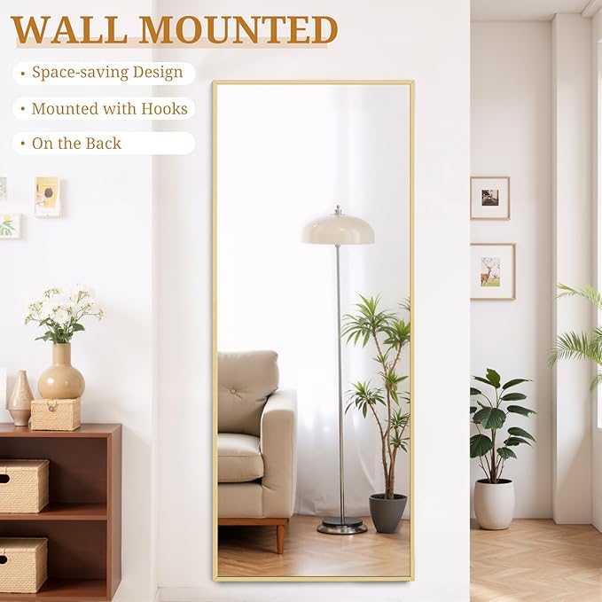 Full Length Mirror 65"x24" Full Body Mirror Rectangle Free Standing Wall Mounted Leaning Floor Mirrors with Stand Aluminum Alloy Frame for Bedroom Cloakroom, Gold