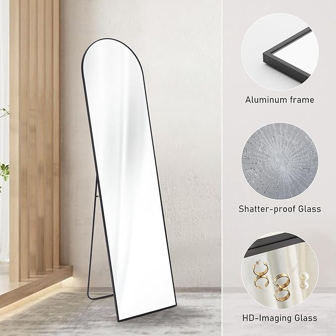 DUMOS Arched Full Length Mirror with Stand Floor Standing Aluminum Frame for Bedroom Body Hanging Leaning Modern Simple Home Decor Shatter-Proorf Nano Glass Wall Cloakroom Natural Black 59"x16"