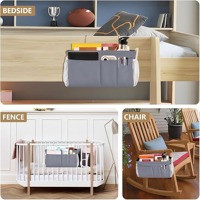 DOMIKING Grey Bedside Caddy for Dorm Bed Recliner Armrest Organizer with Hooks Haning Holder for Phone Magazine Tablet