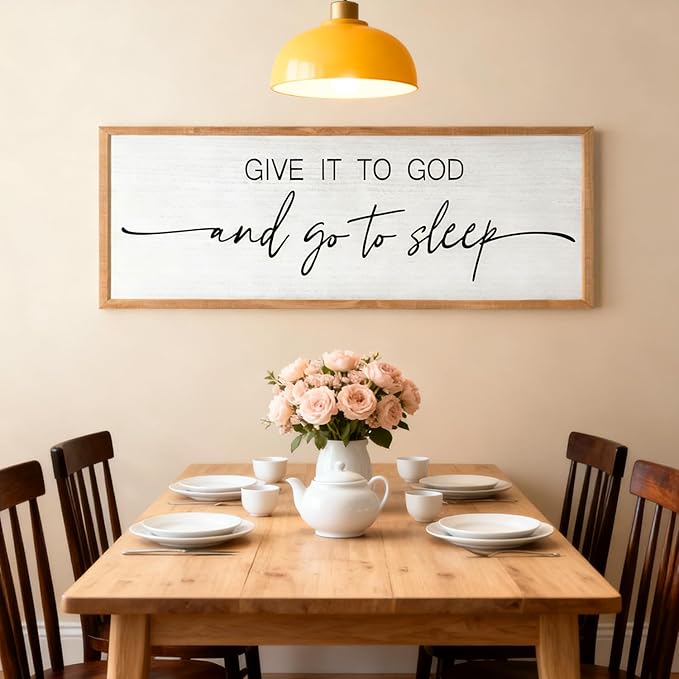 Give It to God and Go to Sleep Decorative Rustic Sign & Plaque Framed Wall Art for Couples, 40''×15'' Vintage Cottagecore Wooden Horizontal Wall Decor Above Bed, Farmhouse Wedding Gift for Bedroom