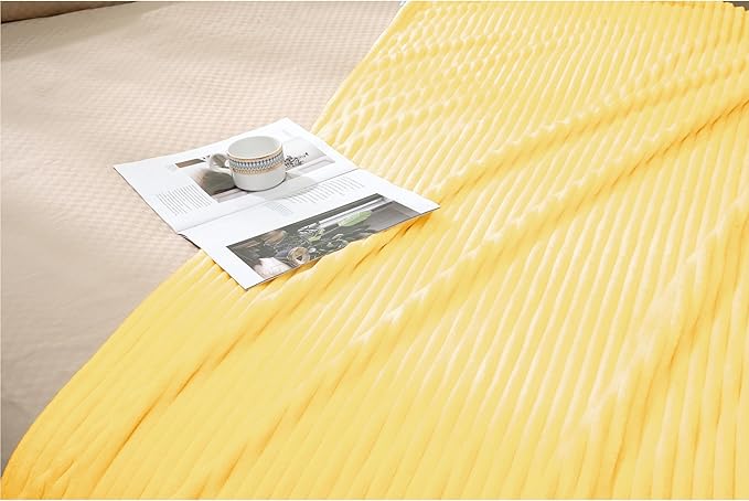 Vessia Flannel Fleece Queen Blanket for Queen Bed, 300GSM Striped 90x90 inch Light Yellow Blanket for Adults and Kids, Super Soft Warm Cozy Lightweight Ribbed Pale Yellow Decor for All-Season