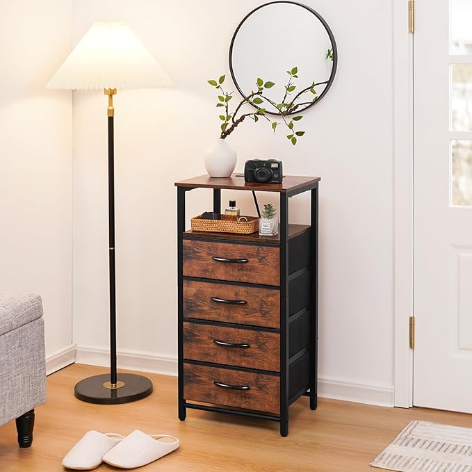 Yoobure Night Stand - LED Rustic Nightstand with Charging Station, Bedside Table with 4 Storage Drawers and Storage Shelf, End Table with USB Ports and Outlets