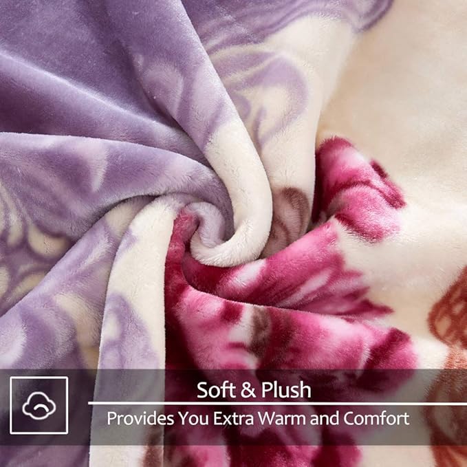 JYK Korean Faux Mink Fleece Blanket 83" X 91", 5.7 LB - 2 Ply Reversible Soft Warm Plush Flannel Blanket, A&B Pattern Printed Embossed Microfiber Blanket, (Light Purple Peony/Peony, King)